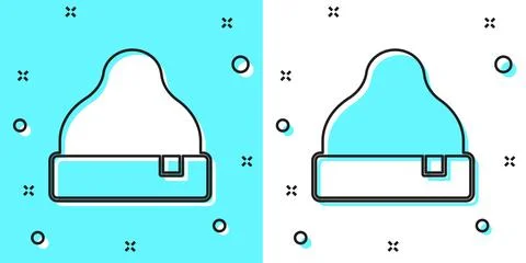 Black line Beanie hat icon isolated on green and white background. Random d.. Stock Illustration
