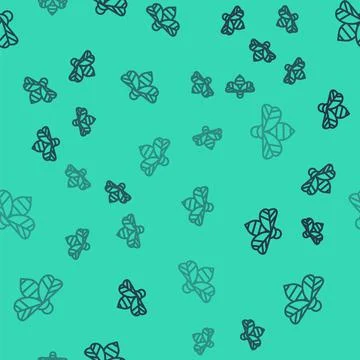 Black line Bee icon isolated seamless pattern on green background. Sweet natural Stock Illustration