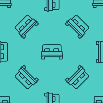Black line Big bed for two or one person icon isolated seamless pattern on green 스톡 일러스트