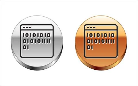 Black line Binary code icon isolated on white background. Silver-gold circle Stock Illustration