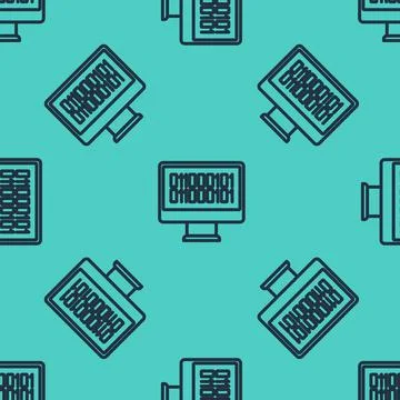 Black line Binary code icon isolated seamless pattern on green background Stock Illustration