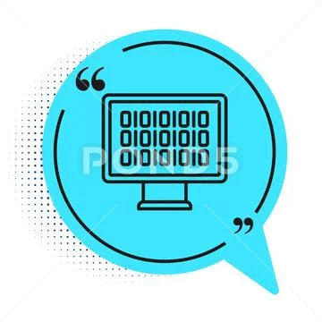 Black line Binary code icon isolated on white background. Blue speech bubbl.. Illustrazione stock