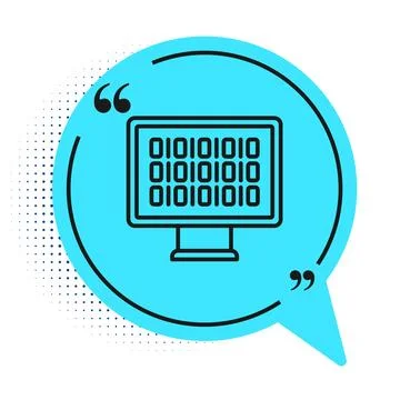 Black line Binary code icon isolated on white background. Blue speech bubbl.. Stock Illustration