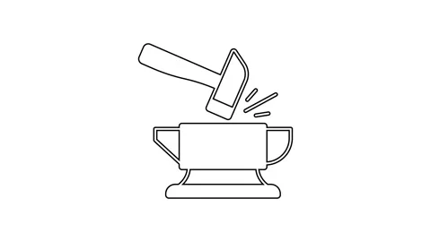 Black line Blacksmith anvil tool and hammer icon isolated on white background Stock Footage 167514705