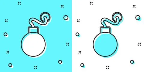 Black line Bomb ready to explode icon isolated on green and white backgroun.. Stock Illustration