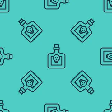 Black line Bottle with potion icon isolated seamless pattern on green background Stock Illustration