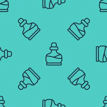 Black line Bottle with potion icon isolated seamless pattern on green background Stock Illustration