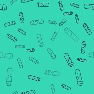 Black line Bottle with potion icon isolated seamless pattern on green backg.. Stock Illustration