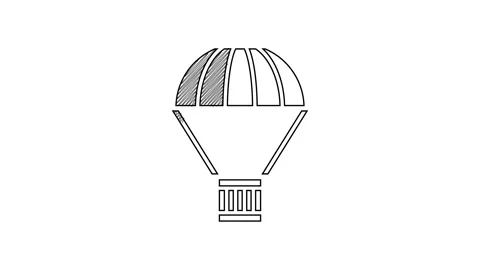 Black line Box flying on parachute icon isolated on white background. Parcel Stock Footage 201428966