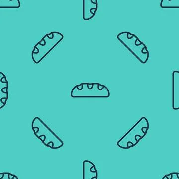 Black line Bread loaf icon isolated seamless pattern on green background.  .. Stock Illustration