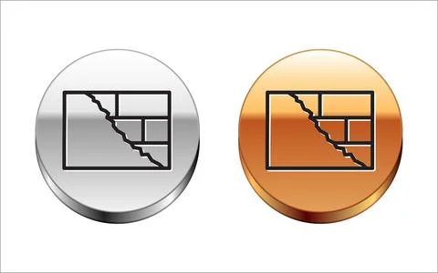 Black line Bricks icon isolated on white background. Silver-gold circle button Illustrazione stock