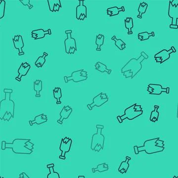 Black line Broken bottle as weapon icon isolated seamless pattern on green ba Stock Illustration