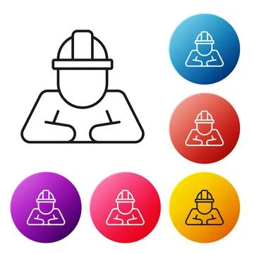 Black line Builder icon isolated on white background. Construction worker. Set Stock Illustration