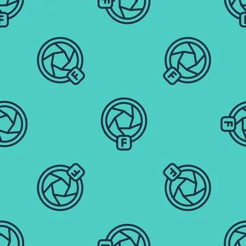 Black line Camera shutter icon isolated seamless pattern on green background. 스톡 일러스트