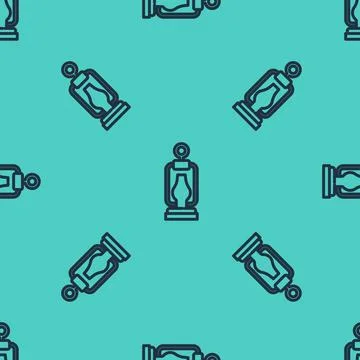 Black line Camping lantern icon isolated seamless pattern on green background Stock Illustration