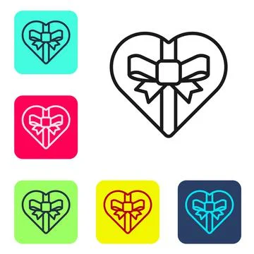 Black line Candy in heart shaped box and bow icon isolated on white backgroun Stock Illustration