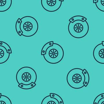 Black line Car brake disk with caliper icon isolated seamless pattern on green Stock Illustration