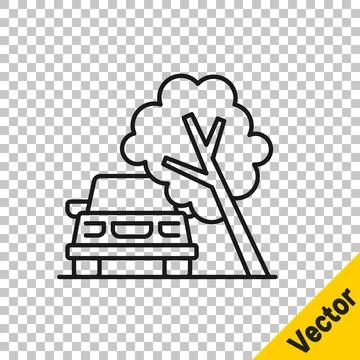 Black line Car damaged by fallen tree icon isolated on transparent backgrou.. Stock Illustration