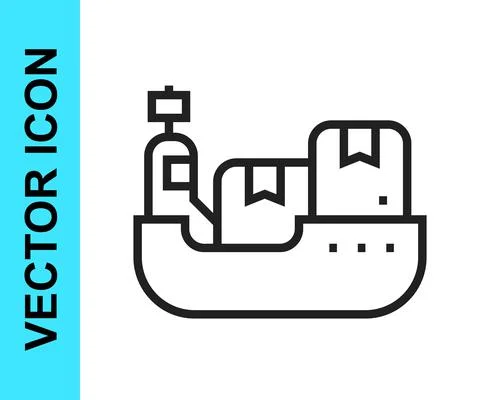 Black line Cargo ship with boxes delivery service icon isolated on white Illustrazione stock