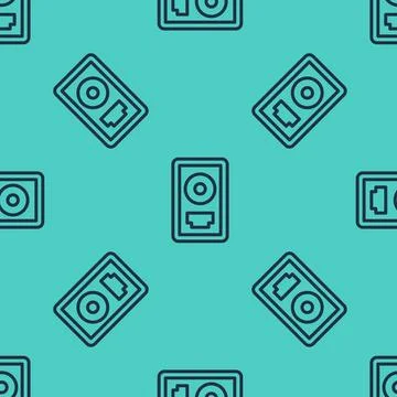 Black line CD disk award in frame icon isolated seamless pattern on green b.. Stock Illustration