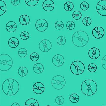 Black line CD or DVD disk icon isolated seamless pattern on green background. 스톡 일러스트