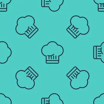 Black line Chef hat icon isolated seamless pattern on green background. Cooking Stock Illustration
