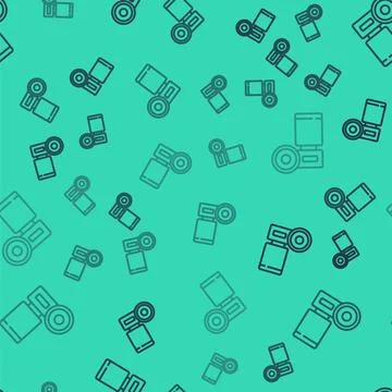 Black line Cinema camera icon isolated seamless pattern on green background Stock Illustration