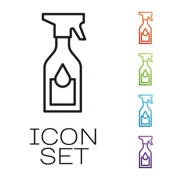 Black line Cleaning spray bottle with detergent liquid icon isolated on white Stock Illustration