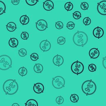 Black line Clock 24 hours icon isolated seamless pattern on green background Stock Illustration