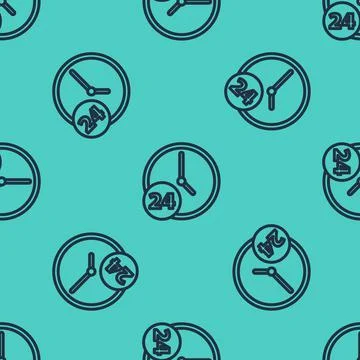 Black line Clock 24 hours icon isolated seamless pattern on green background Stock Illustration