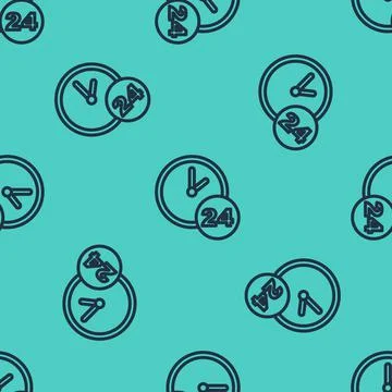 Black line Clock 24 hours icon isolated seamless pattern on green background Illustrazione stock