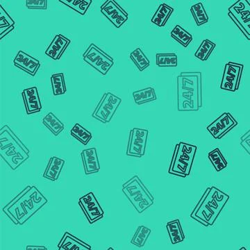 Black line Clock 24 hours icon isolated seamless pattern on green background. Stock Illustration