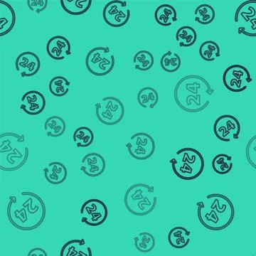 Black line Clock 24 hours icon isolated seamless pattern on green background. Stock Illustration