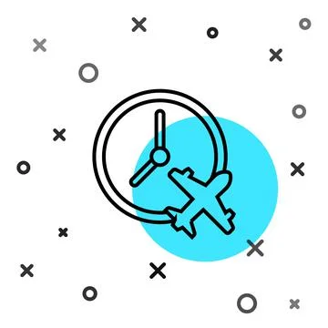 Black line Clock with airplane icon isolated on white background. Designation of Stock Illustration