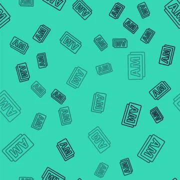 Black line Clock AM icon isolated seamless pattern on green background. Time  Illustrazione stock