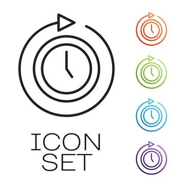 Black line Clock with arrow icon isolated on white background. Time symbol Illustrazione stock
