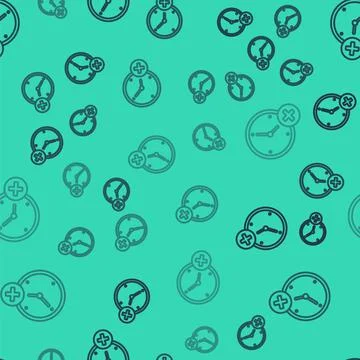 Black line Clock delete icon isolated seamless pattern on green background. T Stock Illustration