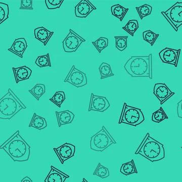 Black line Clock icon isolated seamless pattern on green background. Time symbol Stock Illustration