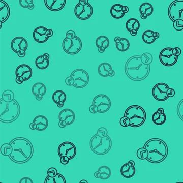 Black line Clock icon isolated seamless pattern on green background. Time symbol Stock Illustration