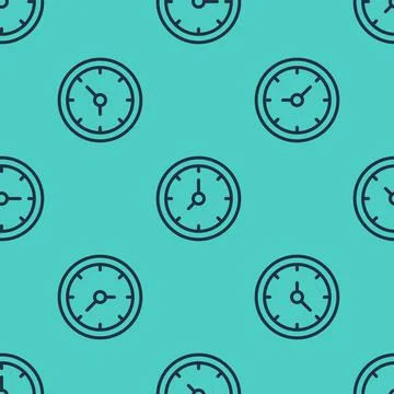 Black line Clock icon isolated seamless pattern on green background. Time symbol Stock Illustration