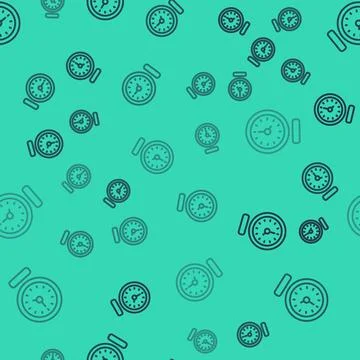 Black line Clock icon isolated seamless pattern on green background. Time symbol Stock Illustration