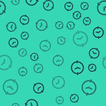 Black line Clock icon isolated seamless pattern on green background. Time symbol Illustrazione stock