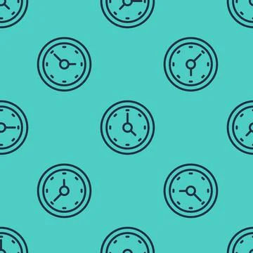 Black line Clock icon isolated seamless pattern on green background. Time symbol Stock Illustration