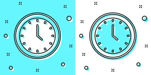 Black line Clock icon isolated on green and white background. Time symbol. .. Illustrazione stock