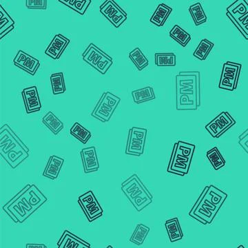 Black line Clock PM icon isolated seamless pattern on green background. Time Stock Illustration