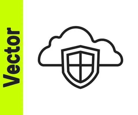 Black line Cloud and shield icon isolated on white background. Cloud storage Illustrazione stock