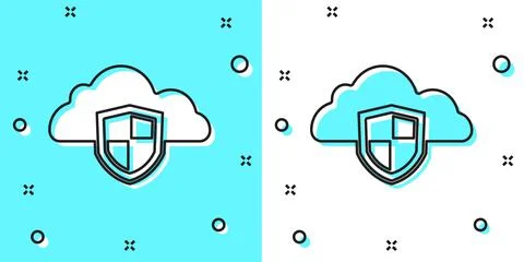 Black line Cloud and shield icon isolated on green and white background. Clou イラスト素材