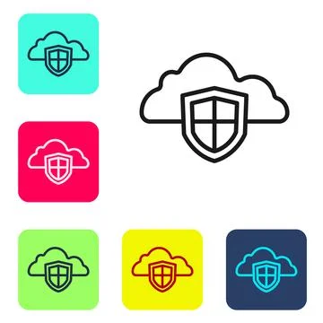 Black line Cloud and shield icon isolated on white background. Cloud storage  イラスト素材