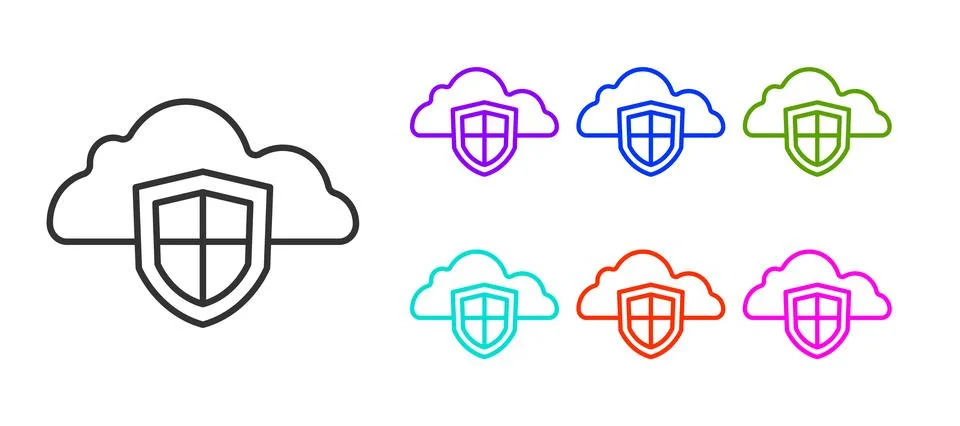 Black line Cloud and shield icon isolated on white background. Cloud storage Illustrazione stock