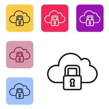 Black line Cloud computing lock icon isolated on white background. Security 库存插图
